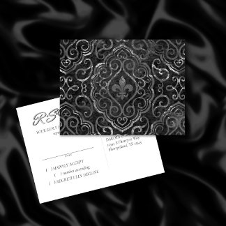 Vintage Fleur de Lis | Zwarte Silver Grunge Damask Uitnodiging Briefkaart