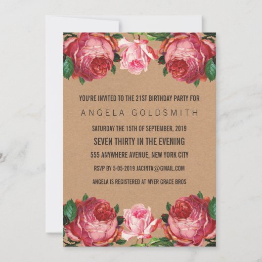 Vintage Floral 21e Anniversaire Invitations (Devant)