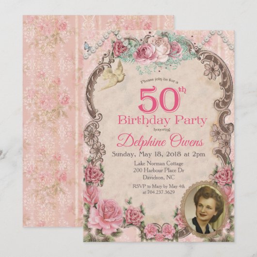 Vintage Floral 50e anniversaire Invitation (Devant / Derrière)