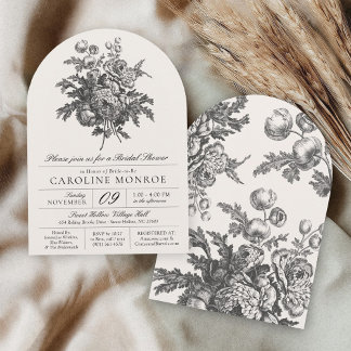 Vintage Floral Black & White Elegant Bridal Shower Kaart