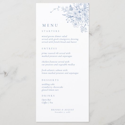 Vintage Floral Blue Mariage Menu (Devant)