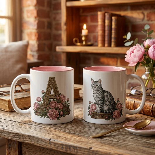 Vintage Floral Cat Monogram Mug