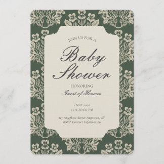 Vintage Floral Damask Baby Shower Green Beige Kaart