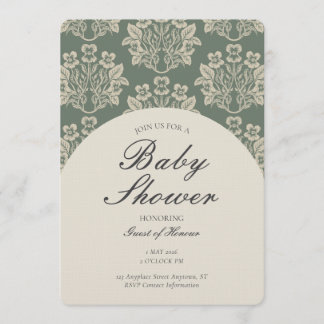 Vintage Floral Damask Baby Shower Green Beige Kaart