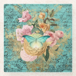 Vintage Floral en Butterfly Bouquet Glazen Onderzetter