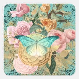 Vintage Floral en Butterfly Bouquet Vierkante Sticker