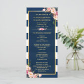 Vintage Floral Navy Blue Striped Wedding Programme (Debout devant)