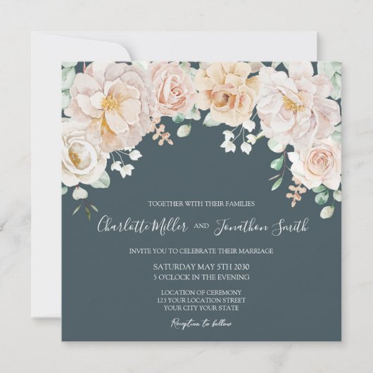 Vintage Floral Navy Blue Wedding Invitations (Devant)