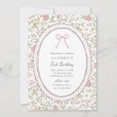 Vintage Floral Pink Bow First Birthday Invitation (Devant)