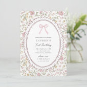 Vintage Floral Pink Bow First Birthday Invitation (Debout devant)