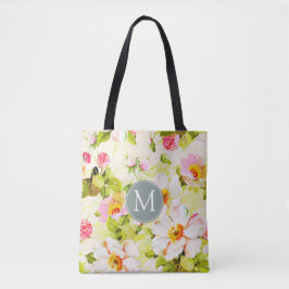 Vintage Floral Rozen Peonies Monogram Canvas tas