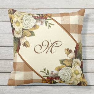 Vintage Floral Rustic Buffalo Check Monogram Buitenkussen