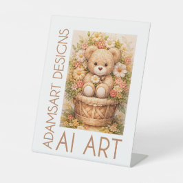 Vintage Floral Teddy Bear Basket – Whimsical Cotta Reclamebord Met Voetstuk