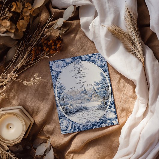 Vintage Floral Toile Bleu Mariage Invitation