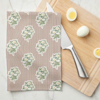 Vintage Floral White Roses Brown Striped Theedoek