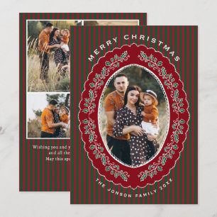 Vintage Fluwelen Kerstmis Rood Groen Gestreepte 5  Feestdagenkaart