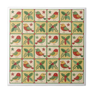 Vintage Folk Art Kerstvogel Hulst Patroon Tegeltje