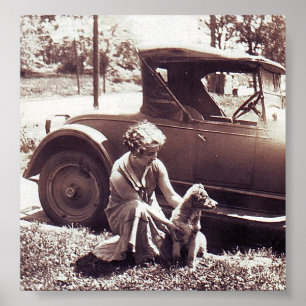 Vintage fotoafdruk van vrouw, hond en auto die wac poster