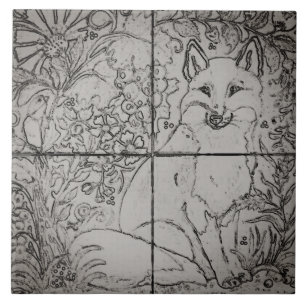 Vintage fox Forest Tile Mural / Bird Grapes / Grey Tegeltje