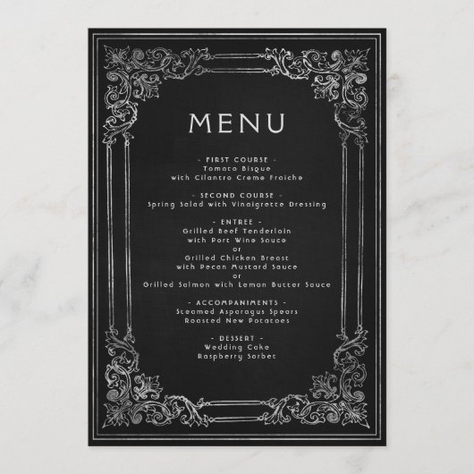 Vintage Frame Black Silver Wedding Menu (Devant)
