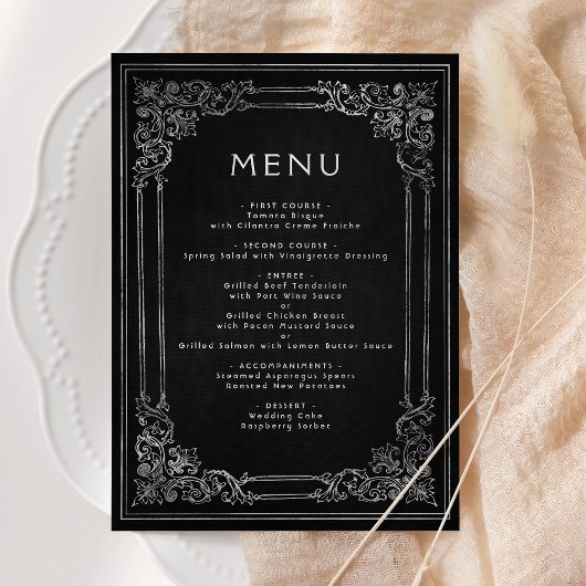 Vintage Frame Black Silver Wedding Menu