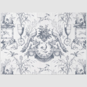 Vintage Frans Blauw Wit Toile Pauw Botanisch Tissuepapier