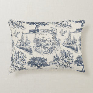 Vintage Frans landelijk "Blauw Toile de Jouy" Accent Kussen