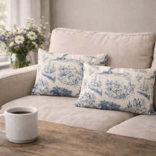 Vintage Frans landelijk 'Blauw Toile de Jouy' Kussen