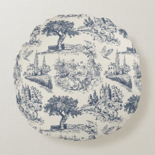 Vintage Frans landelijk "Blauw Toile de Jouy" Rond Kussen