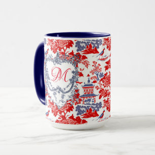Vintage Franse Rood Blauwe Chinoiserie Delft Monog Mok