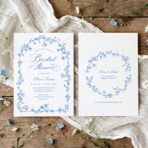 Vintage Franse Toile Blauwe Bloem Bruidsdouche Kaart