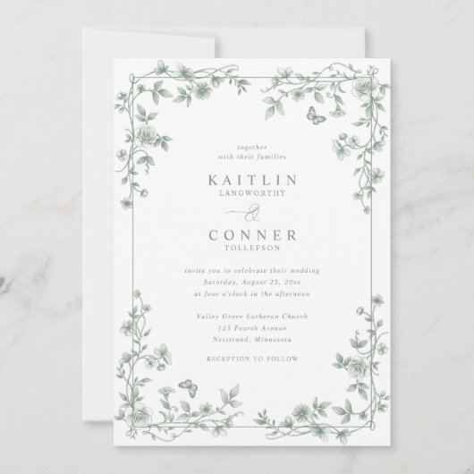 Vintage French Floral Toile Sage Wedding Kaart (Voorkant)