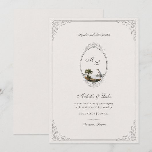 Vintage French Landscape Monogram Wedding Kaart (Voorkant / Achterkant)