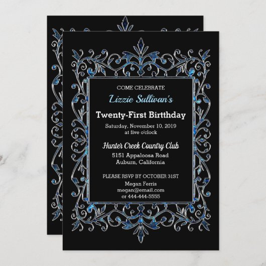 Vintage frontière glitzy Invitation d'anniversaire (Devant / Derrière)