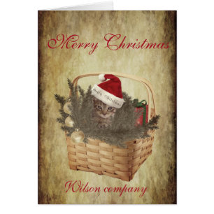 Vintage Funny chaton Père Noël dans le panier