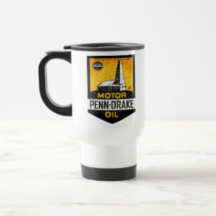 Vintage gedistrobeerde Penn Drake Motor Oil bord Reisbeker