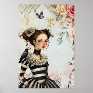 Vintage Geïnspireerd Goth Meisje Waterverf Rozen Poster