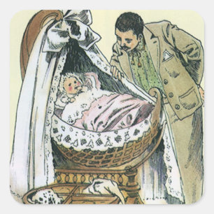 Vintage Gelukkig Vaderdag, Victoriaanse babywieg Vierkante Sticker