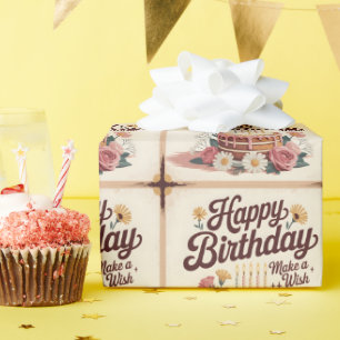 Vintage "Gelukkig Verjaardag - Doe een Wens" Bloem Cadeaupapier