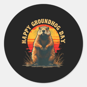 Vintage Gelukkige Groundhog Day 2025 Grappige Wood Ronde Sticker