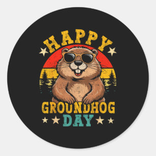 Vintage Gelukkige Groundhog Day Dierliefhebber Man Ronde Sticker