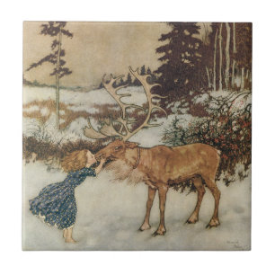 Vintage Gerda en rendiervis van Edmund Dulac Tegeltje