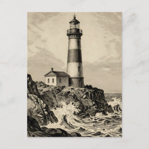 Vintage gestreepte vuurtoren stormachtige kust briefkaart