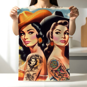 Vintage Getatoeëerde Cowgirls Theedoek