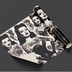 Vintage Getatoeëerde Gothe Vrouw Collage Cadeaupapier
