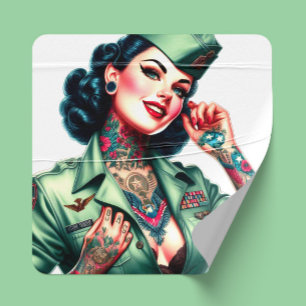 Vintage Getatoeëerde Militair Vrouw Vierkante Sticker