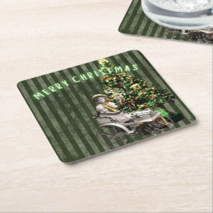 Vintage Girl & Tree Holiday Scene Vierkante Kartonnen Onderzetter