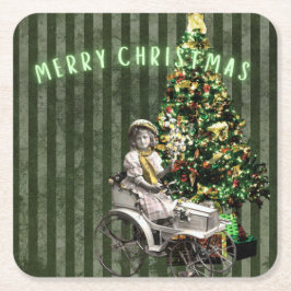 Vintage Girl & Tree Holiday Scene Vierkante Kartonnen Onderzetter