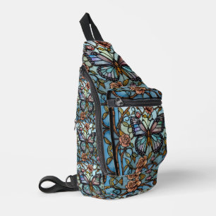 vintage glas-in-lood blauwe vlinderkunst sling bag