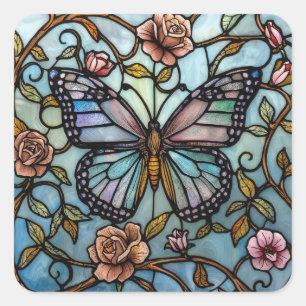 vintage glas-in-lood blauwe vlinderkunst  vierkante sticker